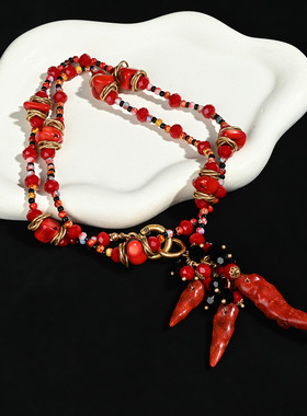 中古vintage复古天然石牛血红小众个性百搭感毛衣链