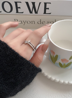 冷淡风双层锆石芒星流星可调节开口指环戒指女小众轻奢食指戒