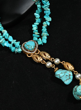 中古vintage时尚个气质中古铜合金天然蓝松桃心流苏吊坠项链