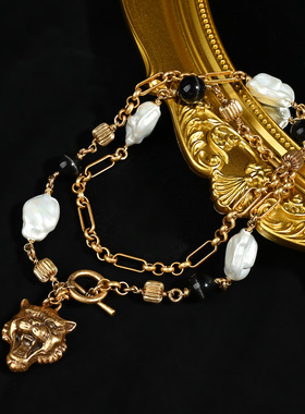 中古黄铜链条巴洛克珍珠个性豹子头项链时尚琉璃长项链服装配百搭