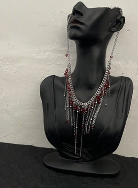 黑红色水晶十字架多层流苏项链女甜酷风串珠个性锁骨链choker颈链