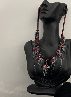 轻奢冷淡风红色水晶串珠十字架吊坠流苏项链女感锁骨链潮颈链