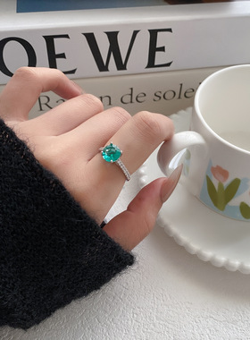 时尚简约款蓝绿色玻璃可调节开口指环戒指女小众轻奢食指戒