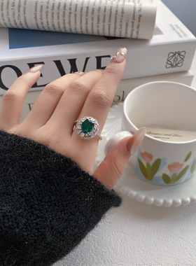 夸张祖母绿色纳米锆石可调节开口指环戒指女小众轻奢食指戒