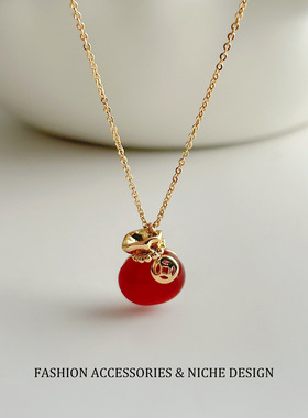 新款红色钱袋子项链小众锁骨链精致简约气质ins博主同款时尚
