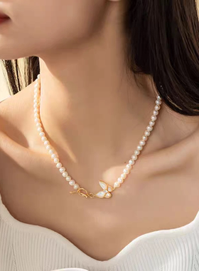 新中式强光天然淡水珍珠项链女高级感贝母蝴蝶百搭锁骨链妈妈链
