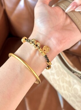 新款黑金招米编绳盘缠手链小众复古时尚高级感铜币吊坠手串