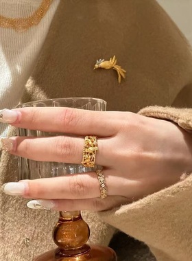 新中式沙金不掉色喜鹊镂空花丝戒指气质高级感指环国风配饰食指戒