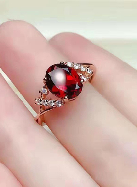 欧美风格s925银天然鸽血红石榴石戒指女潮时尚个性指环简约冷淡风