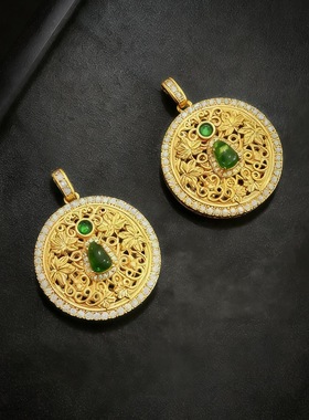 新款金黄枫叶花丝绿葫芦玉髓吊坠密镶镂空圆盘项链女款镀金锁骨链