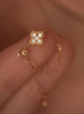 潮流时尚链条戒钻石戒指小众设计感四叶镀金复古小众高级款