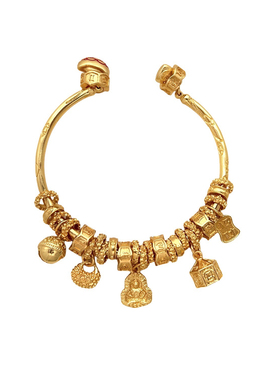 新中式沙金錾刻吉言鎏金桶多宝盘缠手镯金坨坨福牌铃铛开口镯子女