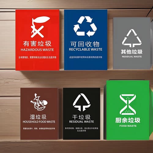 亚克力餐厨有害可回收干湿垃圾分类标示牌环卫垃圾桶柜贴平面贴 - 图1