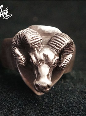 A鸦原创手工925纯银写实盾型羊头男女款邪恶羊头非高桥精致戒指环