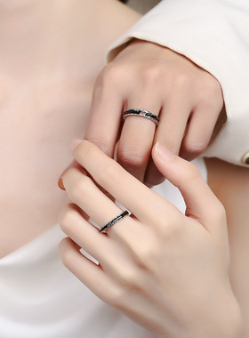 新品遇见情侣戒指s999纯银韩版潮创意个性暗黑色开口手饰高级感