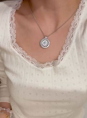 纯银S925意大利工艺拉丝薄荷绿双面戴罗盘项链罗盘精致轻奢高级