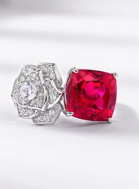 跨境新品S925纯银镶培育红宝戒指轻奢欧美风仿真玫瑰食指戒