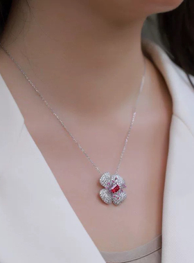 跨境四叶草花瓣培育红宝戒指S925纯银满镶彩宝锁骨项链耳环轻奢