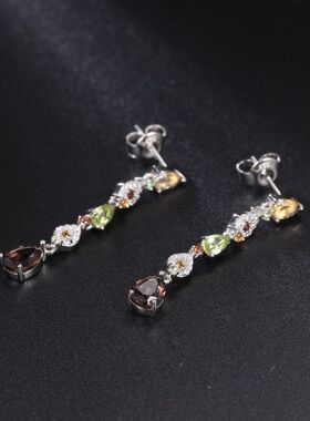 中长款彩色宝石耳环天然水晶橄榄石s925纯银耳针新款个性耳饰女