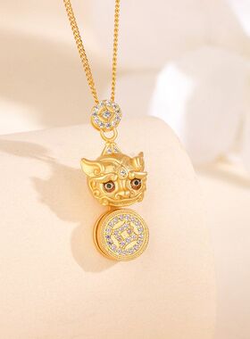 韦雪同款s925纯银招财貔貅吊坠女金色可转动铜钱项链毛衣链叠戴