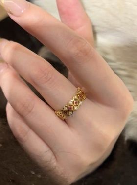 几何镂空镶钻戒指复古s925紫色锆石金币戒指新款时尚戒指