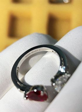 日韩风通勤款彩宝钻戒S925银双水滴仿真钻戒指人工红宝石高端戒饰