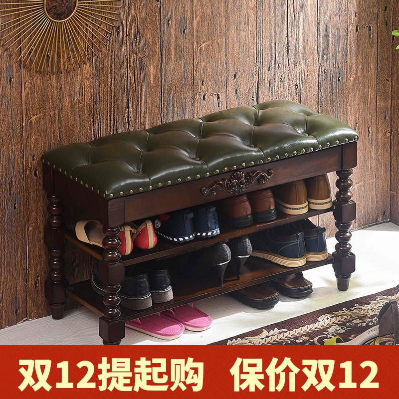 美式实木换鞋凳家用门口防尘多功能收纳可坐式软包坐垫储物换鞋凳 - 图0