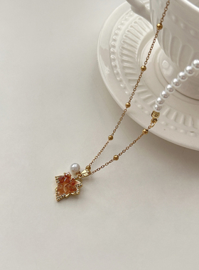 秋冬闪锆枫叶珍珠抽拉项链女配饰