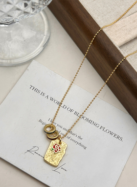 复古彩绘方牌项链女2024新款轻奢小众高级感锁骨链时尚颈链配饰