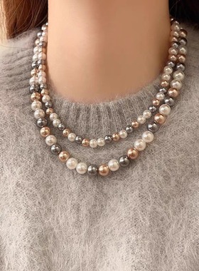 混色珍珠项链2025新款爆款锁骨链