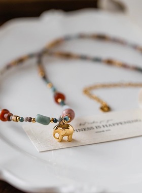多巴胺彩色串珠小象吊坠项链女