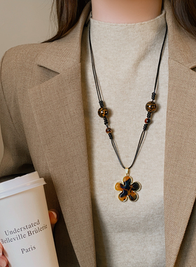 美拉德虎眼石串珠豹纹花朵项链女