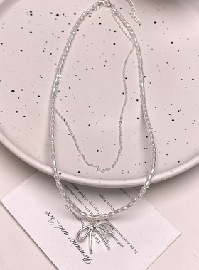 双层珍珠蝴蝶结项链女2024新款爆款高级感轻奢锁骨链韩系博主配饰
