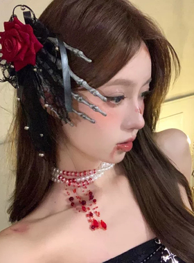 洛丽塔哥特酒红玫瑰骷髅发夹
