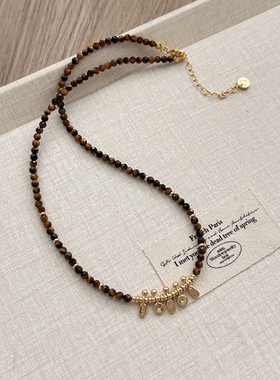 秋冬虎眼石串珠吊坠项链女毛衣链