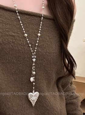 爱心浮雕锆石珍珠毛衣链女