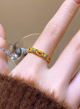 复古金色珐琅彩开口戒指女指环