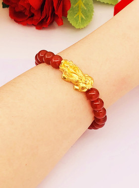 玛瑙串珠铜镀金沙金男女貔貅手链