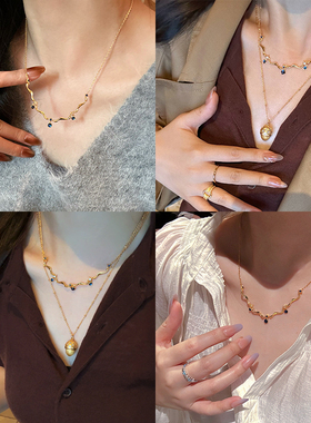 复古蓝刚玉水滴花边波浪项链