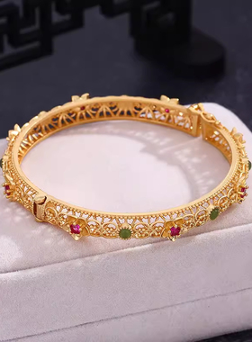 古法金工艺精雕镂空花丝仿碧玉手镯复古传统民族风镯子