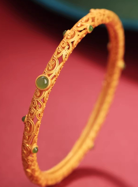 花丝如意纯银古法金和田玉碧玉金镶玉手镯女新中式国风金包银手链