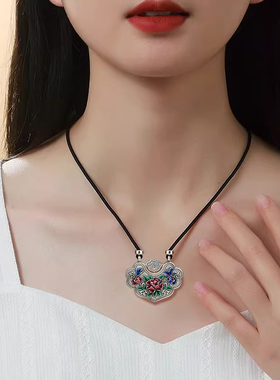 足银999珐琅彩牡丹手工编织项链