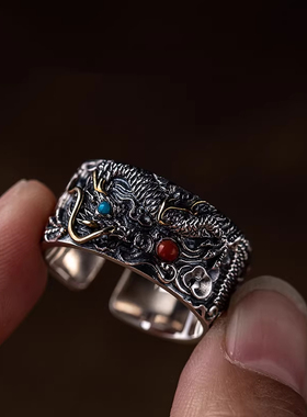 S925纯银国潮祥龙戏珠戒指复古男