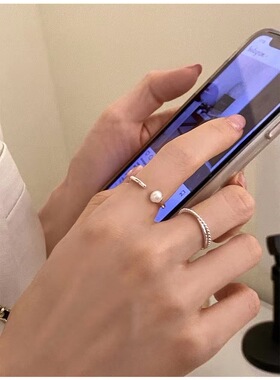 925纯银珍珠戒指轻奢小众开口高级感交叉食指指环潮ins冷淡风叠戴