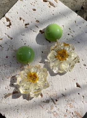 春夏雏菊花朵耳环日系新款白色干花透明冰块感耳饰清新绿色女耳夹