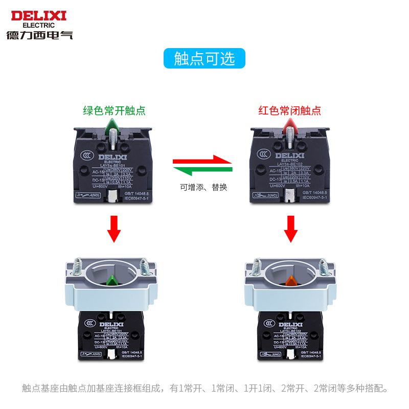 德力西按钮开关辅助触点LAY5SBE101绿色常开BE102红色常闭电流10A - 图2