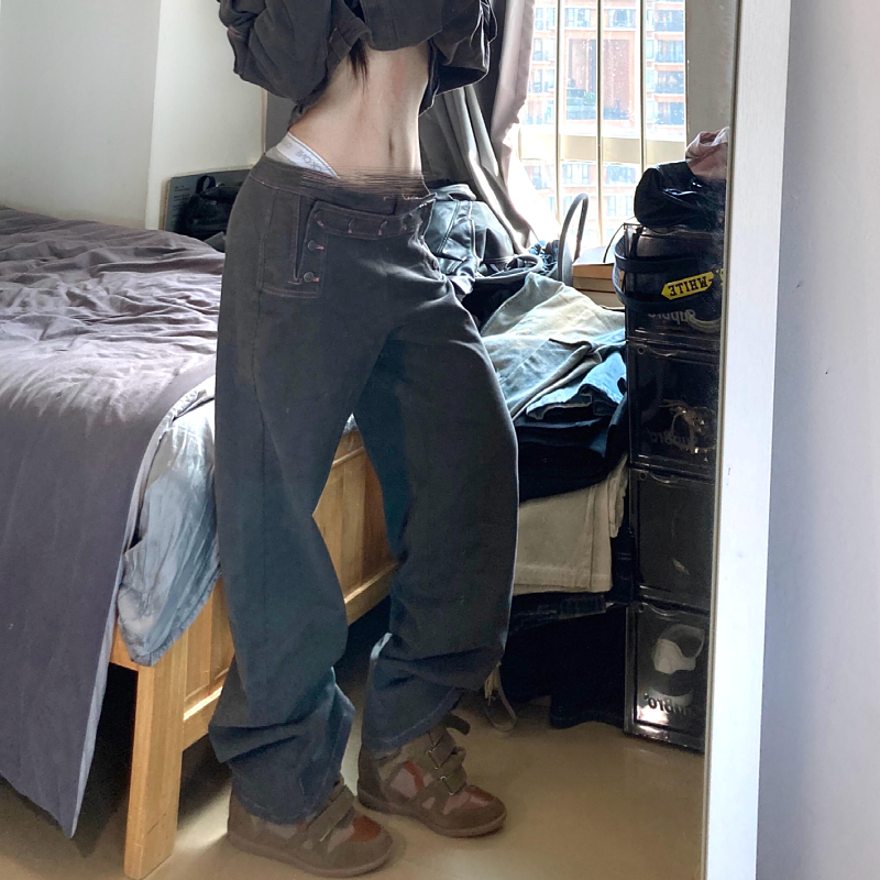 大码美式复古双腰头纽扣设计牛仔裤女2025秋季辣妹宽松垂感直筒裤 - 图0