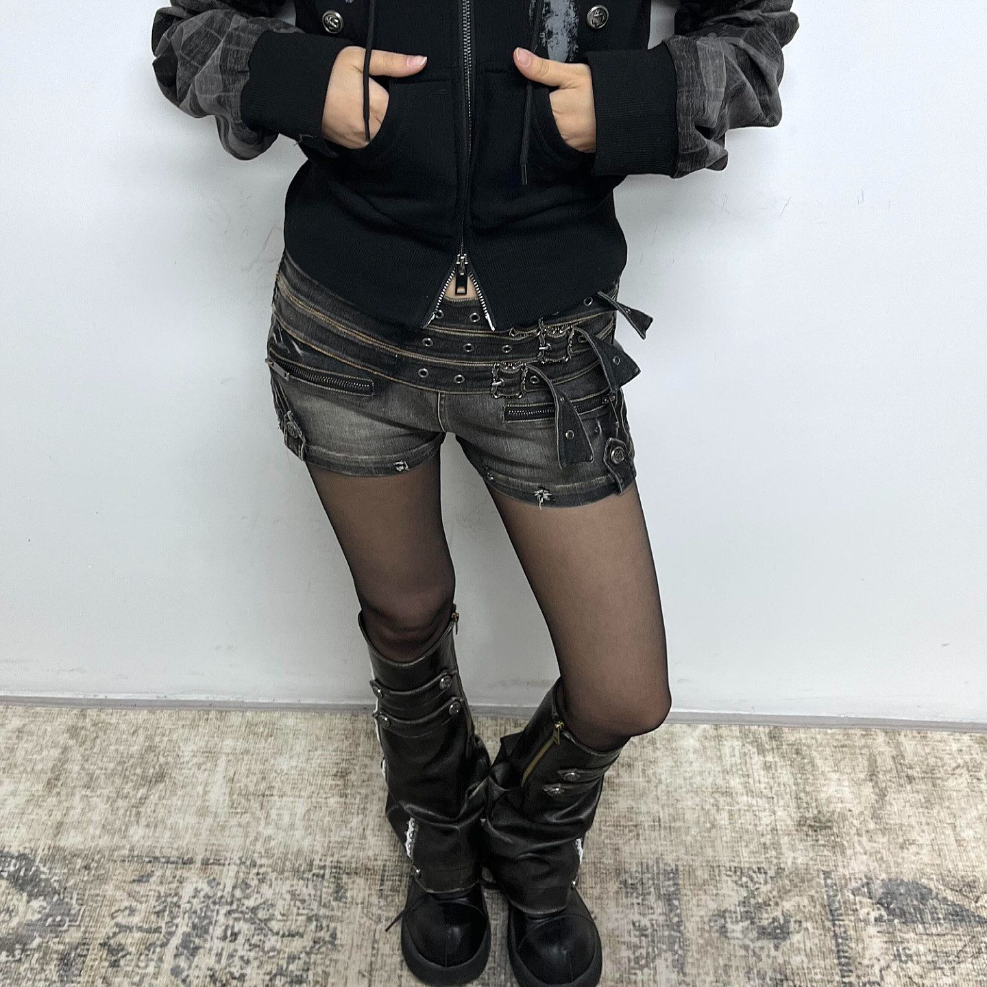 美式y2k亚文化辣妹腰带拉链牛仔短裤女复古重工设计感包臀热裤潮,淘宝优惠券,粉丝福利购,淘宝优惠卷