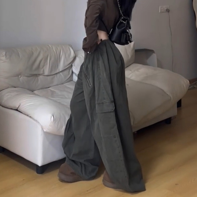 大码美式复古多口袋褶皱工装牛仔裤女2025秋冬宽松休闲阔腿拖地裤,淘宝优惠券,粉丝福利购,淘宝优惠卷