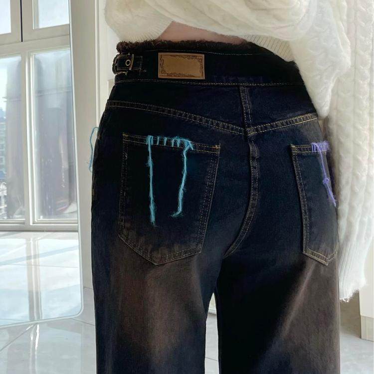 大码美式复古彩线流苏蝴蝶结牛仔裤女2025设计感宽松直筒阔腿长裤,淘宝优惠券,粉丝福利购,淘宝优惠卷